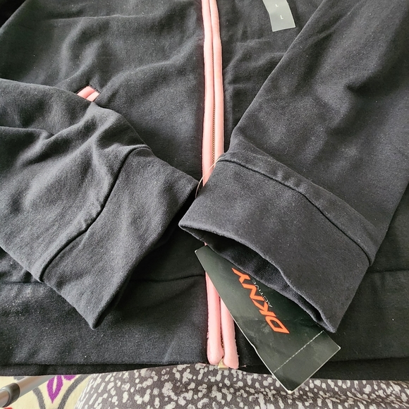 JACKET Sweat DKNY JEANS NWT Full Zip Front Side Pockets Black Pink Trim Sz Lrg - Picture 7 of 12